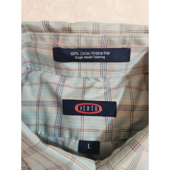 Overton Shirt Mens Large Blue Plaid Long Sleeve 100% Cotton Preppy Wrinkle Free - Picture 2 of 11